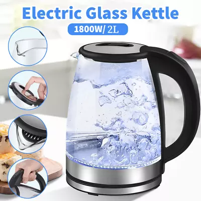 2L Electric Kettle Glass Blue LED Illuminated Jug Auto Shut Off Protection UK • £11.79