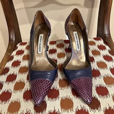 Manolo Blahnik Purple Leather And Snakeskin  Pumps Shoes Sz 37/6.5 • $175