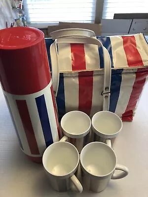 Vtg Thermo Serv Picnic Set Red White & Blue 1 Quart Thermos 4 Cups W/Vinyl Carry • $22.99