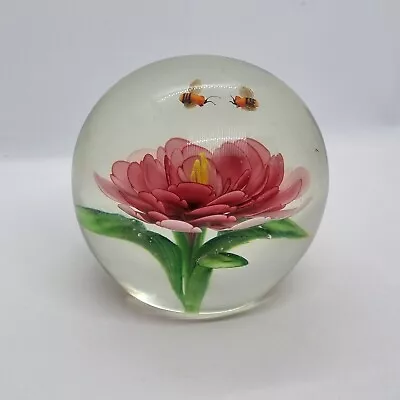 Unusual Vintage Large Pink Flower With Orange Bees Glass Paperweight • £39.99