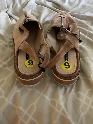 $25 • Buy NWT. Zara Flatform Shoes Tan Velour Platform Sandals Slingback Round Toe Size 9