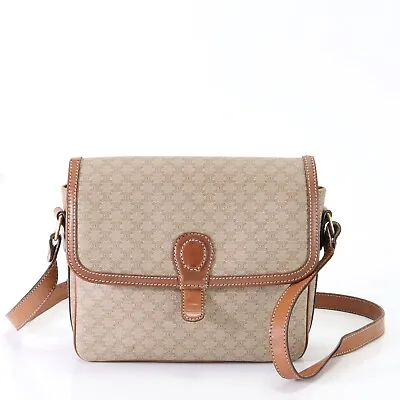 CELINE Macadam Shoulder Bag Crossbody Vintage Beige Brown Leather Canvas Used • $169.99