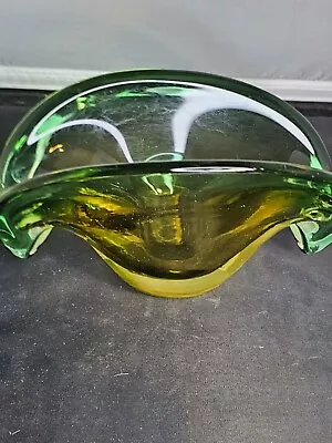 Murano Oval Fan Clam Shell Double Base 1960 Green Amber Ashtray Bowl • $10