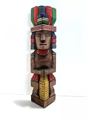 Vintage Hand Carved Painted Wooden Totem Mayan Aztec Statue Figurine 13  Tall • $19.95