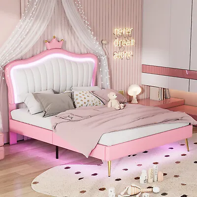 Full /Queen Size Upholstered Princess Bed Frame With LED Lights Crown Headboard • $242.99