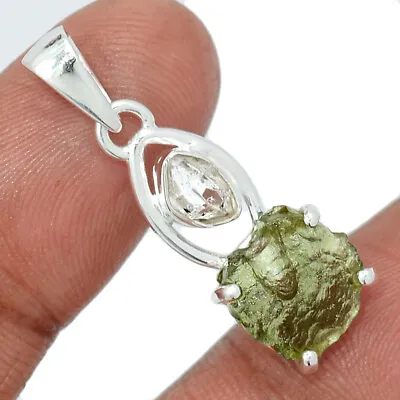 Natural Genuine Czech Moldavite & Herkimer Diamond 925 Silver Pendant CP23884 • $31.99