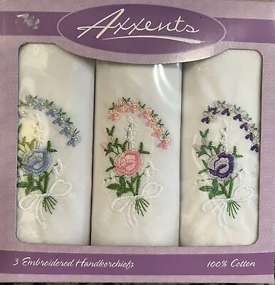 New VTG Axxents Embroidered Cotton Hankerchiefs Blue Pink Purple Floral Box Of 3 • $21.95