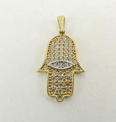 9ct Gold Hamsa Pendant CZ Hand Of God Protection With Gift Box • £78