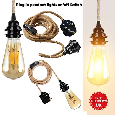 UK Plug In Pendant Lamp Kit 2m Fabric Cable With Switch Hanging Light E27 Holder • £12.89