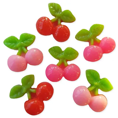 6pcs Juicy Cherries Flatback Resin Cabochons Embellishment Decoden Kawaii Craft • £1.99