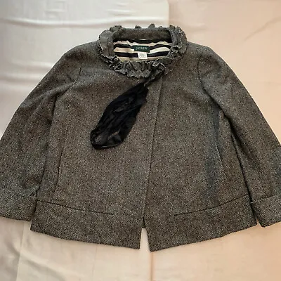 J Crew Wool Herringbone Ruffle Neck Jacket Womens Size 2 Black #88879 EUC 👀🔥 • $35