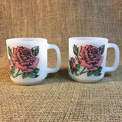 2 - Vintage Milk Glass Coffee Mug Roses Glasbake Made In USA Language Of Flowers • $32