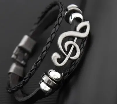 Men Women Music Note Black  Leather & Stainless Steel Bracelet 296 • £7.99