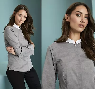 Ladies Womans Shirt Long Sleeve Mandarin Collar Blouse Smart Office Grey Blue • £7.95