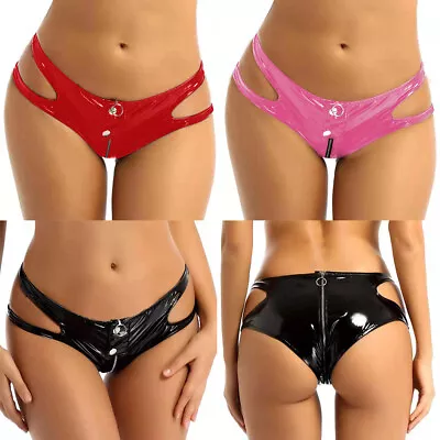 Women PVC Leather Wet Look Zip Open Crotch Latex Bikini Briefs Underwear Panties • £12.40