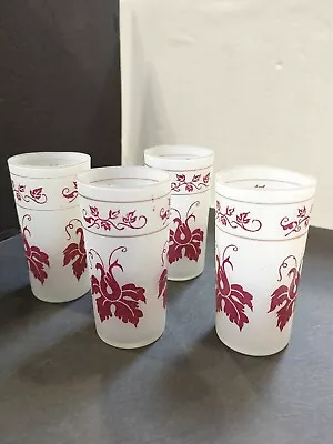 4 Kitschy 1960s Red Floral Frosted Glass Tumblers Mid Century Modern Barware • $24