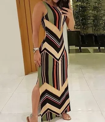 Colorful Striped Geometric Print Side Slit Maxi Dress Black Tan Cream Orange XL • $19.99