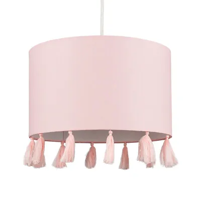 Drum Ceiling Light Shade Tassel Pink Fabric Pendant Bedroom Lampshade LED Bulb • £17.99
