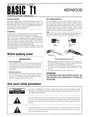 Kenwood Basic-T-1 Tuner Owners Instruction Manual • $19.99