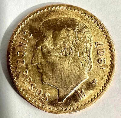 1907 Mexico Gold 5 Five Cinco Pesos Gold Coin 4.1 Grams Ex-Jewelry • $348.49