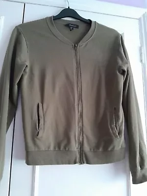 Ladies Green Khaki Zip Up Top Size 8 10 Long Sleeve Cardigan Top Jacket • £1.99