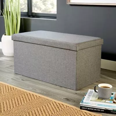 Large Folding Ottoman Grey Linen Fabric Chest Sturdy Storage Space Saving Box • £23.99