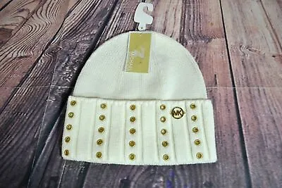 Nwt Women's Michael Kors Ivory Winter Beanie Metal Gold Logo One Size • $16.79