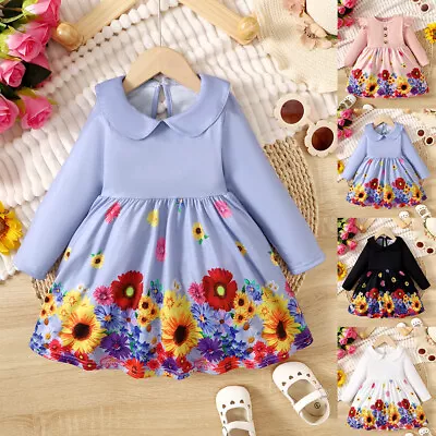 Baby Girls Floral Princess Long Sleeve Dress Casual Party Winter Autumn Dresses • £6.49