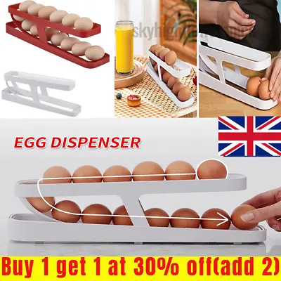 Refrigerator Egg Dispenser Rolldown Auto Rolling Egg Holder 2 Tier Storage Racks • £7.49