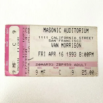 Vintage Van Morrison Ticket Stub April 16 1993 San Francisco Masonic Auditorium • $16.20