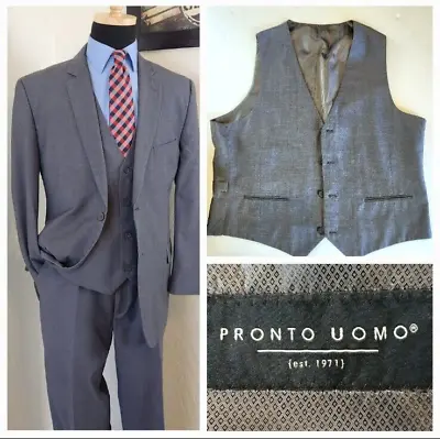 Pronto Uomo 3 Piece Suit Mens 44R / 34X30 Gray Jacket Vest And Trousers EUC • $69.92