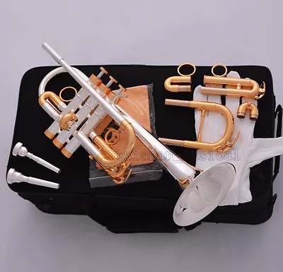 Professional Silver Gold Plated Eb/D Trumpet Horn Monel Valve 7C + 5C Mouthpiece • $492