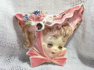 Vintage~PONYTAIL GIRL~Head Vase Wall Pocket~Lashes~Pink Flower Hat~UCAGCO? • $12.59