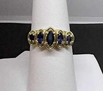 14k Yellow Gold Sapphire Ring 5 Marquise Cut Blue Stones Band Style Size 8 • $188