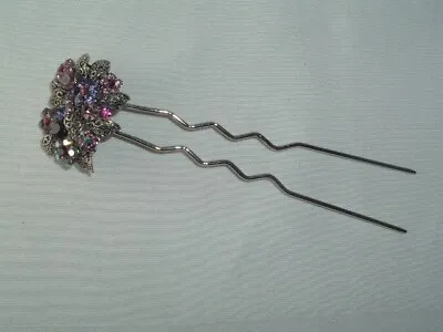 Vintage Pink Purple Rhinestone Flower Metal Hair Stick Hair Pin Up Do Accessory • $16.20