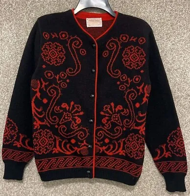 Vintage Pendelton Womens Wool Black Red Nordic Button Cardigan Sweater Sz Small • $29.99