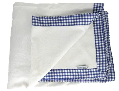 JM Davidson Bath Towel Beach White Gingham Blue Checked Trim Cotton 136 X 83 Cm • £14.99