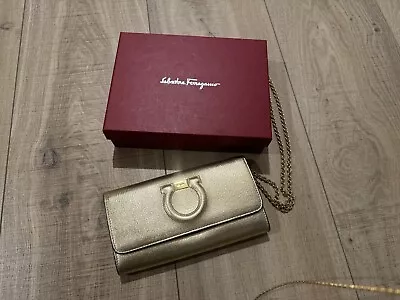 Salvatore Ferragamo Gold Leather Gancini Clutch Wallet Evening Bag Purse Chain • $450