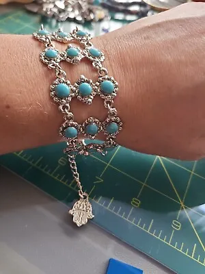 Hamsa Hand Of Fatima Silver Tone Bracelet Blue Bead Multi Row Design • £1.25