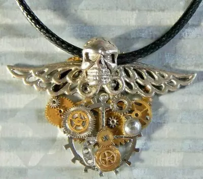 STEAMPUNK -Silver Skull W/ Wings & Gears Necklace - Carlo Biagi Skull - Handmade • $34.98