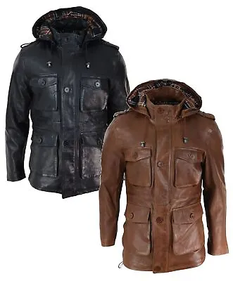 Mens 3/4 Long Real Leather Duffle Jacket Coat Safari Detachable Hood Military • $210.24