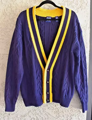 Vintage GAP 90s Large Navy Cable Knit Cardigan Sweater Preppy V Neck Yellow Trim • $29