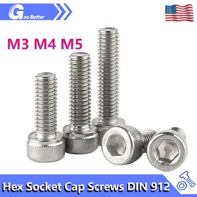 M3 M4 M5 A2 Stainless Steel Allen Bolts Hex Socket Cap Head Screws DIN 912 • $7.02