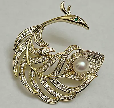 Flower Leaf Bird Feather Crystal Clear Glass Rhinestone Brooch Pin Vintage Pearl • $16.99