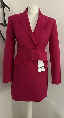 Fushia Pink Long Blazer Coat Belt  Shoulder Pads Zara Bloggers Small 8 10 • $37.88