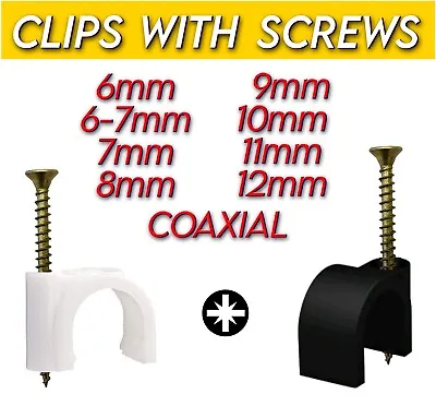 Cable Clips With Screws Round 6mm 7mm 8mm 9mm 10mm 11mm 12mm White Black Coaxial • £3.73