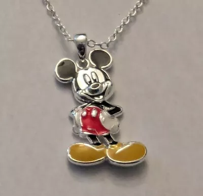 Disney Mickey Mouse Pendant On Silver Tone Necklace Chain Full Color JCM Unique • $24