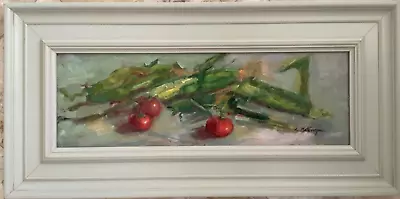 Original Framed Impressionism Oil Painting 8”x24” Corn Tomato Still Life Signed • £636.02