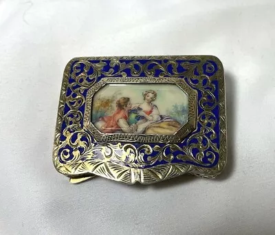 Gold Vermeil Over 800 Silver Lapis Compact Italian Couple Enamel Under Glass • $240