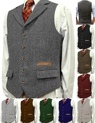 Mens Tweed Waistcoats Vintage Herringbone Vests Wool Retro Hunting Wedding Notch • $43.99